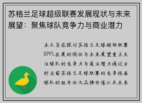 苏格兰足球超级联赛发展现状与未来展望：聚焦球队竞争力与商业潜力