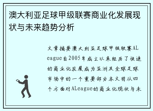 澳大利亚足球甲级联赛商业化发展现状与未来趋势分析